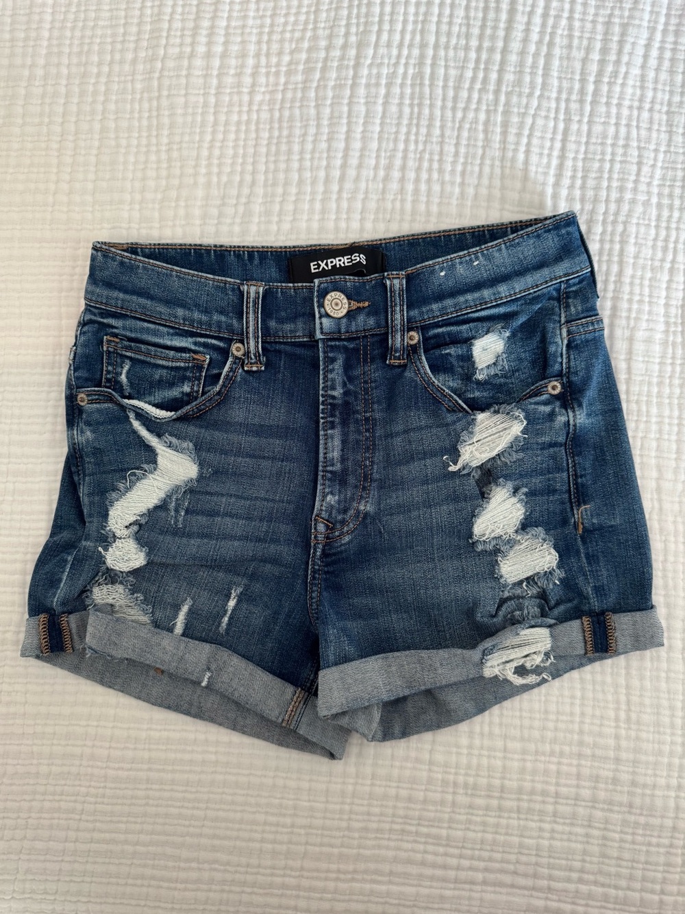 Express Distressed Rolled Hem Denim Shorts